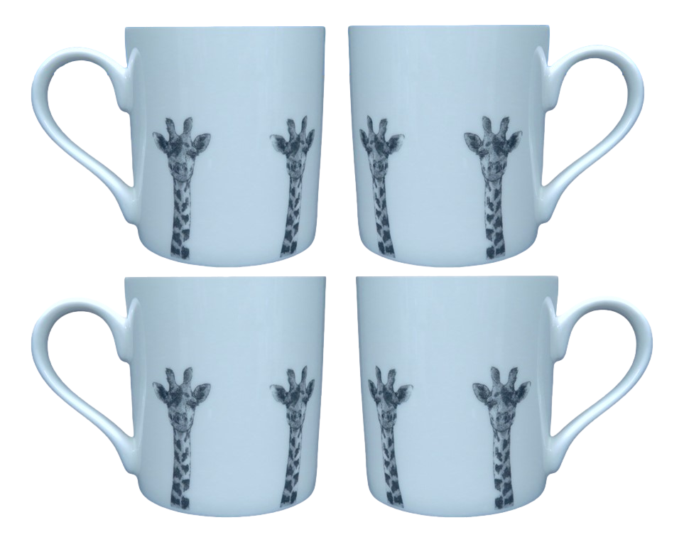 4 x Giraffe Mugs Set 4 Fine Bone China Tea Coffee Hot Chocolate Black &amp; White