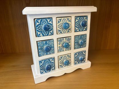 9 Drawer Chest Ceramic Drawers Spice Chest Sewing Hobby Jewellery Blue &amp; White