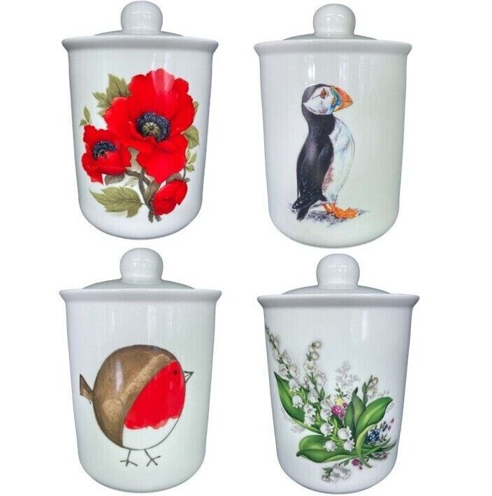 Canister Containers Storage Jars Fine Bone China Robin Puffin Poppies or Lilly