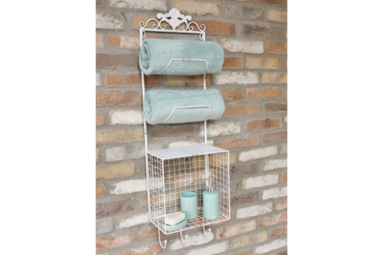 Bathroom Towel &amp; Metal Shelf Hooks Basket Holder Cream Metal Can Be Repainted 
