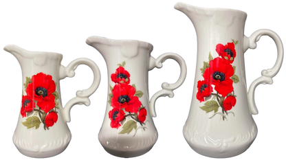 Ceramic Jug Pitcher Poppy Vintage Style Floral Choice of 3 Sizes or Set 3 Red