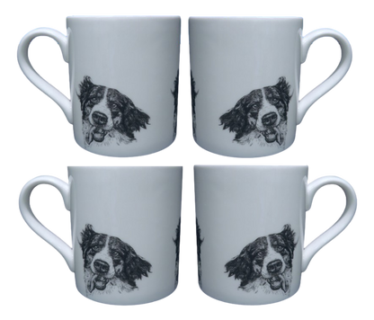 Collie Dogs Mugs Set 4 Fine Bone China Tea Coffee Hot Chocolate Black &amp; White