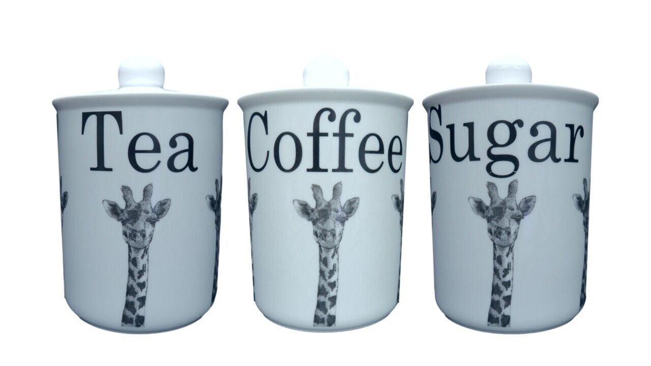 Giraffe Tea Coffee Sugar Canister Storage Jar Jungle Bone China Black &amp; White