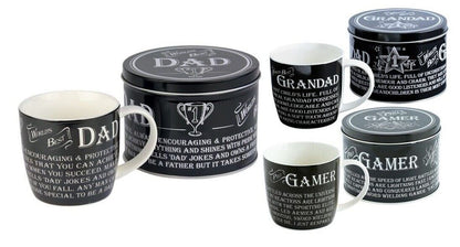 Mug in a Tin Choice of Dad Grandad or Gamer Perfect Fathers Day Black &amp; White