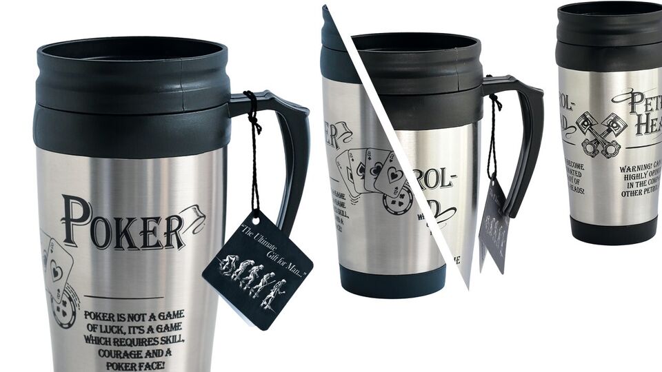 Novelty Travel Mug Choice or Petrol Head or Poker Stainless Steel Hot or Cold