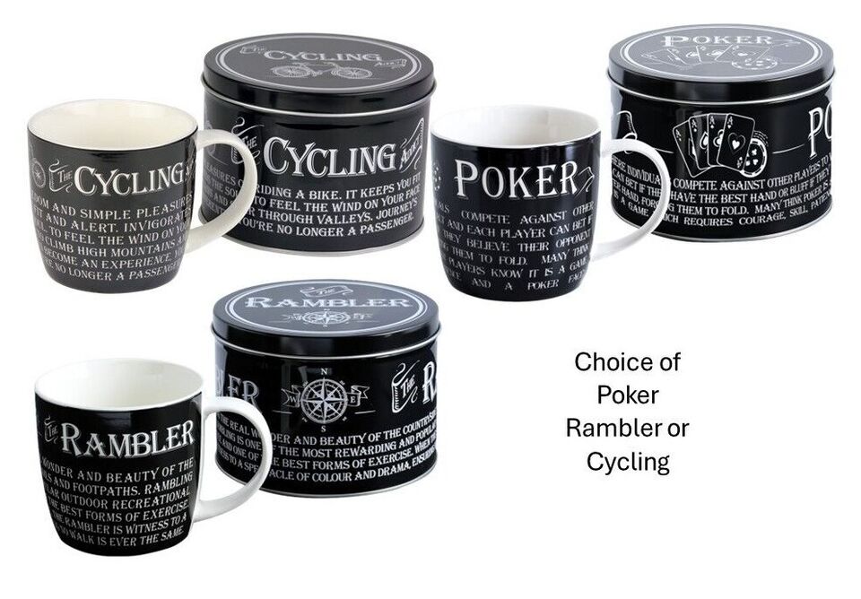 Sports Mug in a Tin Choice of Cycling Rambler or Poker Fathers Day Black &amp; White