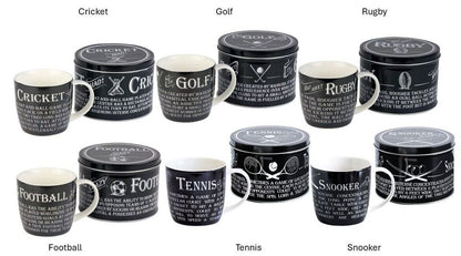 Sports Mug in a Tin Choice of Cricket Football Golf Rugby Tennis or Snooker