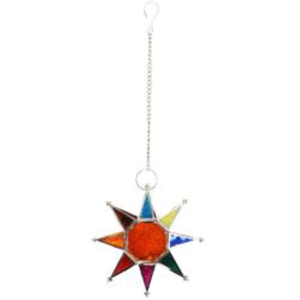 Glass Star Tea Light Holder Multicoloured Hanging T Light Garden Window Decor