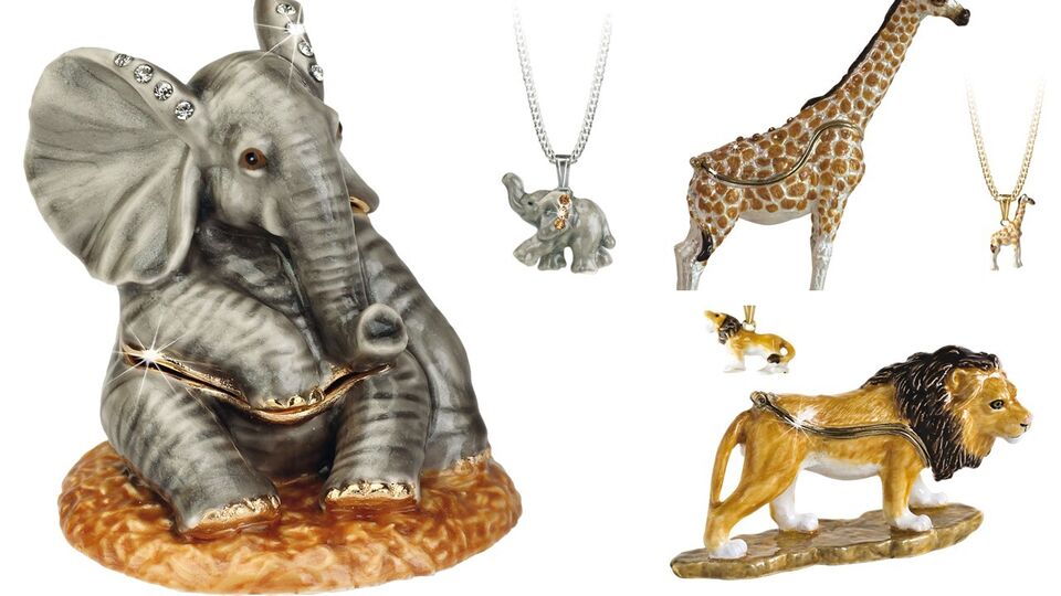 Trinket Box &amp; Pendant Elephant Giraffe Lion Jungle Little Treasures Gold Plated